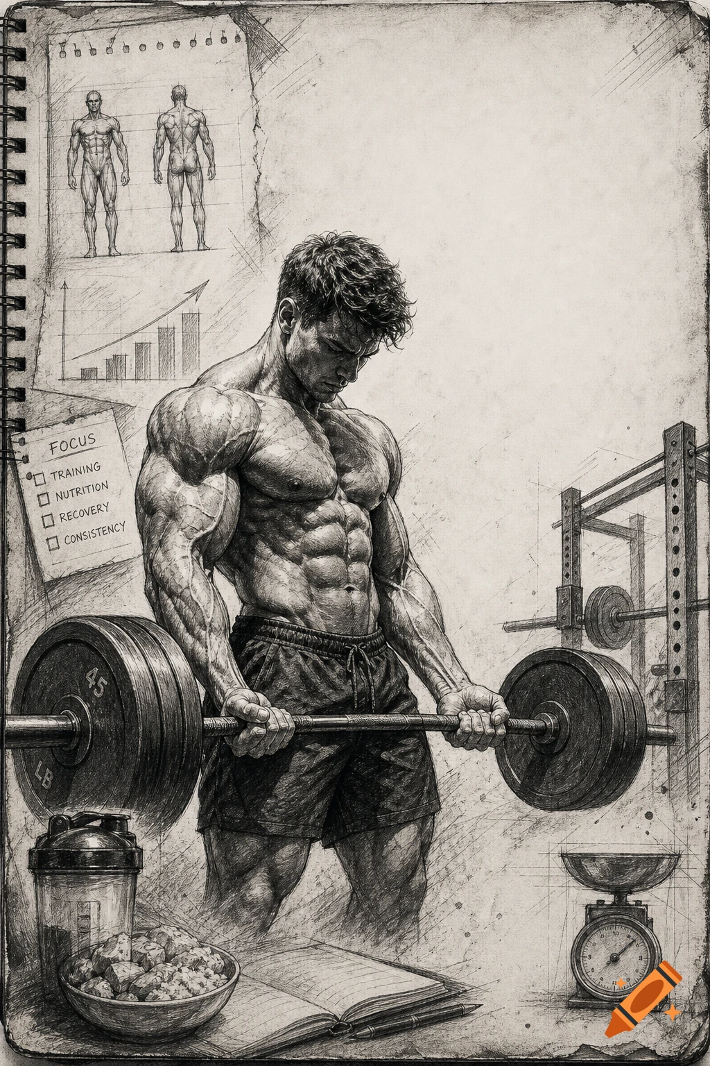 Black and white sketch in a journal style showing a muscular bodybuilder lifting a barbell, surrounded by fitness notes, anatomical diagrams, and a food scale.