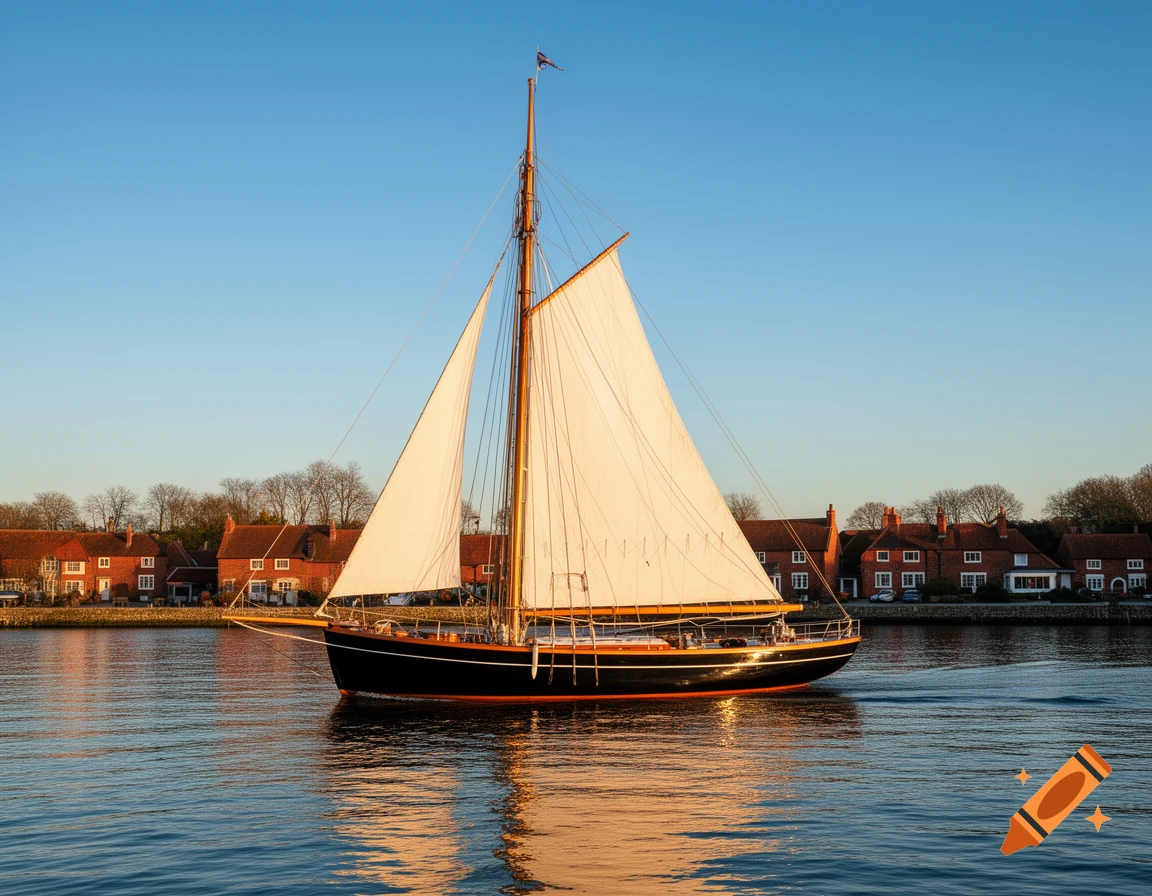 A black and tan pilot cutter sailboat sails on calm water past houses with red roofs under a clear blue sky.