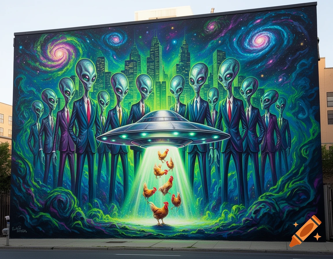 A vibrant mural of grey aliens in business suits around a UFO abducting chickens, against a city skyline and swirling galaxies.