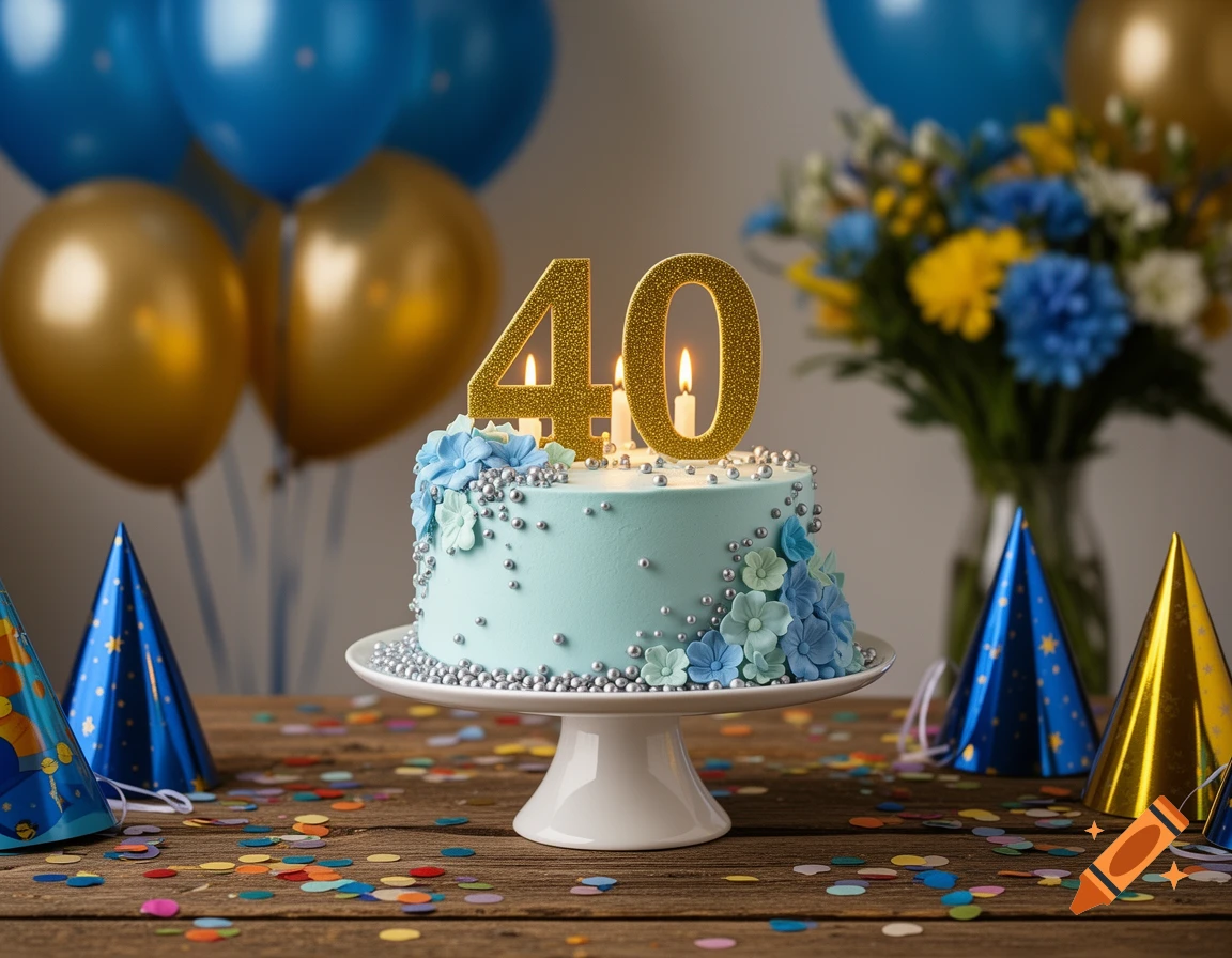 A light blue birthday cake with '40' candles, decorated with blue and mint flowers and silver sprinkles, on a table with confetti, party hats, and balloons.