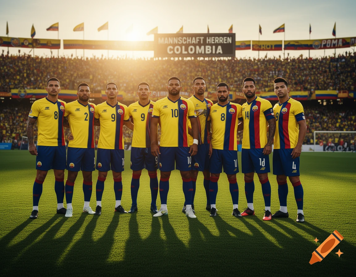 A line of male soccer players in yellow and blue uniforms standing on a green field in a stadium with spectators, under a bright sun.