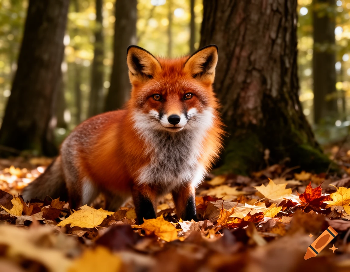 A red fox stands among fallen autumn leaves in a sunlit forest, looking directly at the viewer.