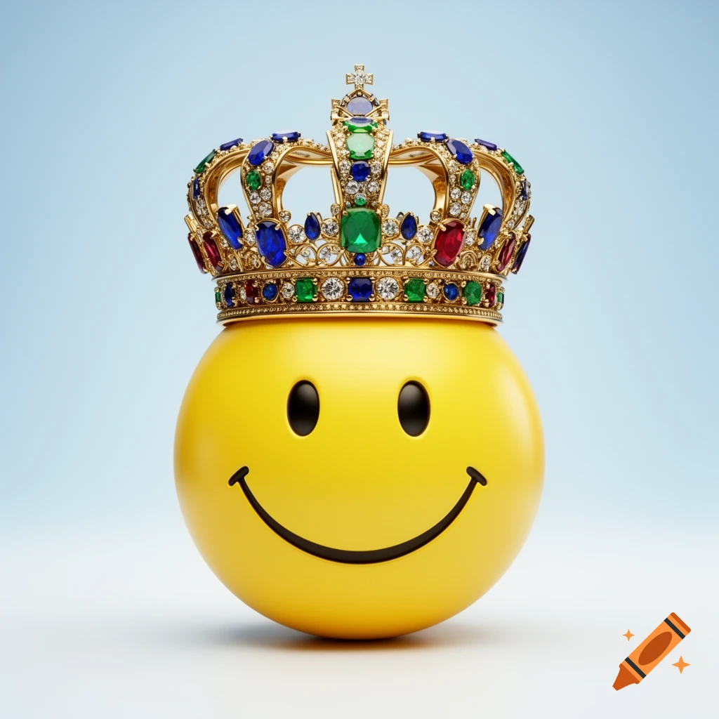 A 3D rendering of a bright yellow smiley face wearing a jeweled gold crown against a light blue background.