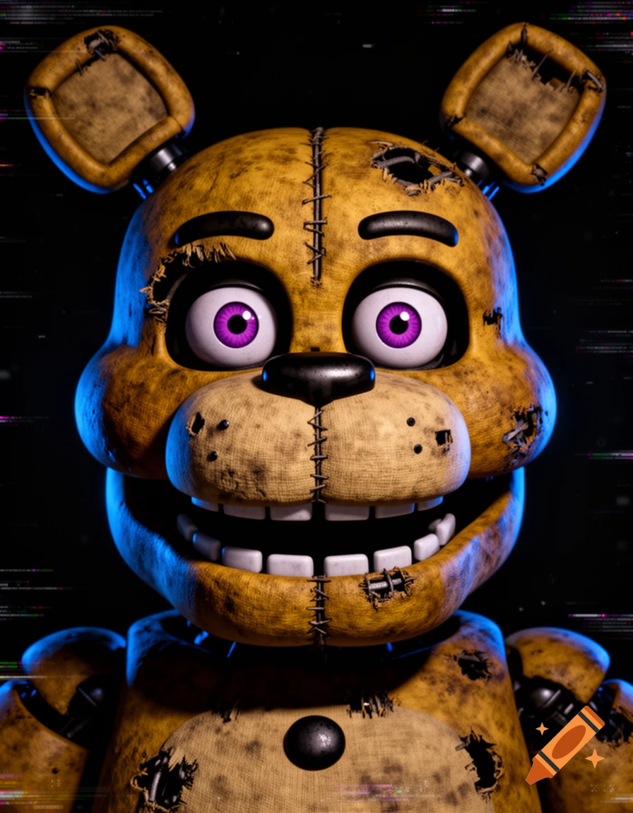 Close-up of a weathered golden-yellow Springbonnie animatronic from Five Nights at Freddy's, with large purple eyes, a stitched smile, and a dark, glitchy background.