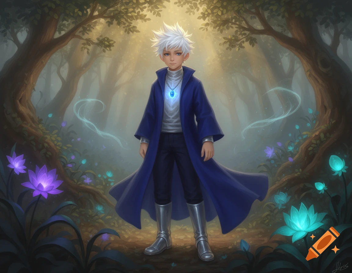 A white-haired boy in a blue robe and glowing sapphire necklace stands in a magical forest with glowing flora.