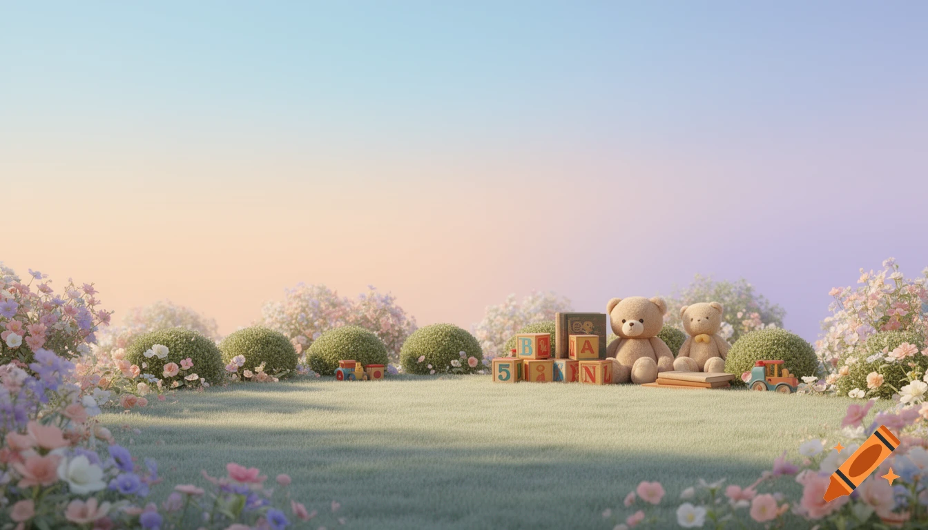 Two teddy bears, building blocks, and toy trains on a grassy field surrounded by pastel flowers under a soft gradient sky.