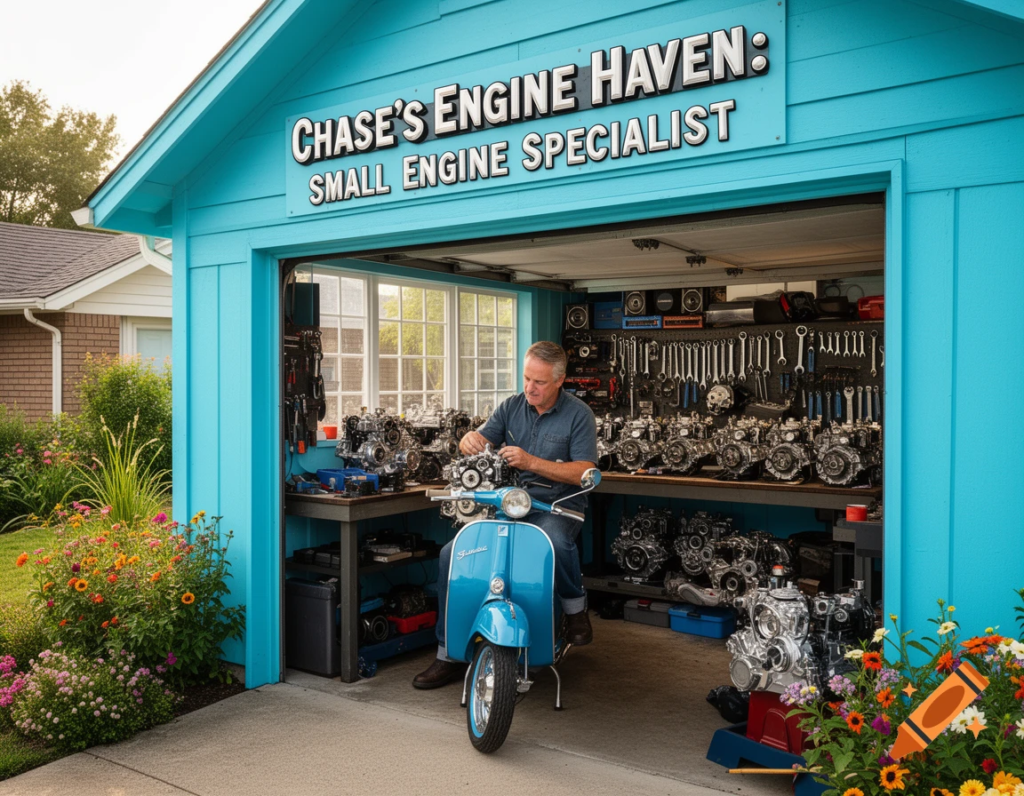 Man on a blue scooter repairing an engine in a vibrant cyan garage workshop with tools and engines, flowers outside.