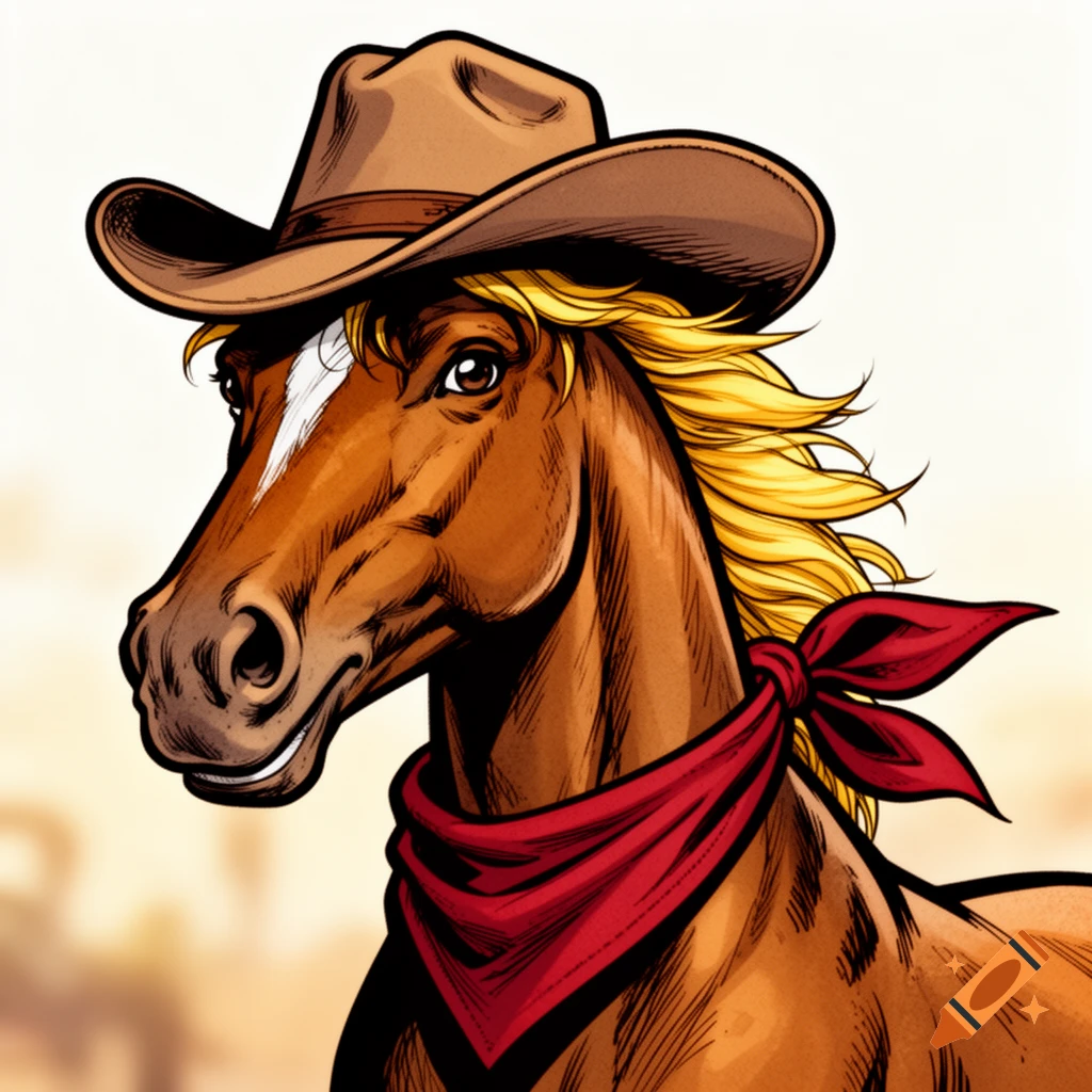 Comic art illustration of a brown horse head wearing a cowboy hat and a red bandana.