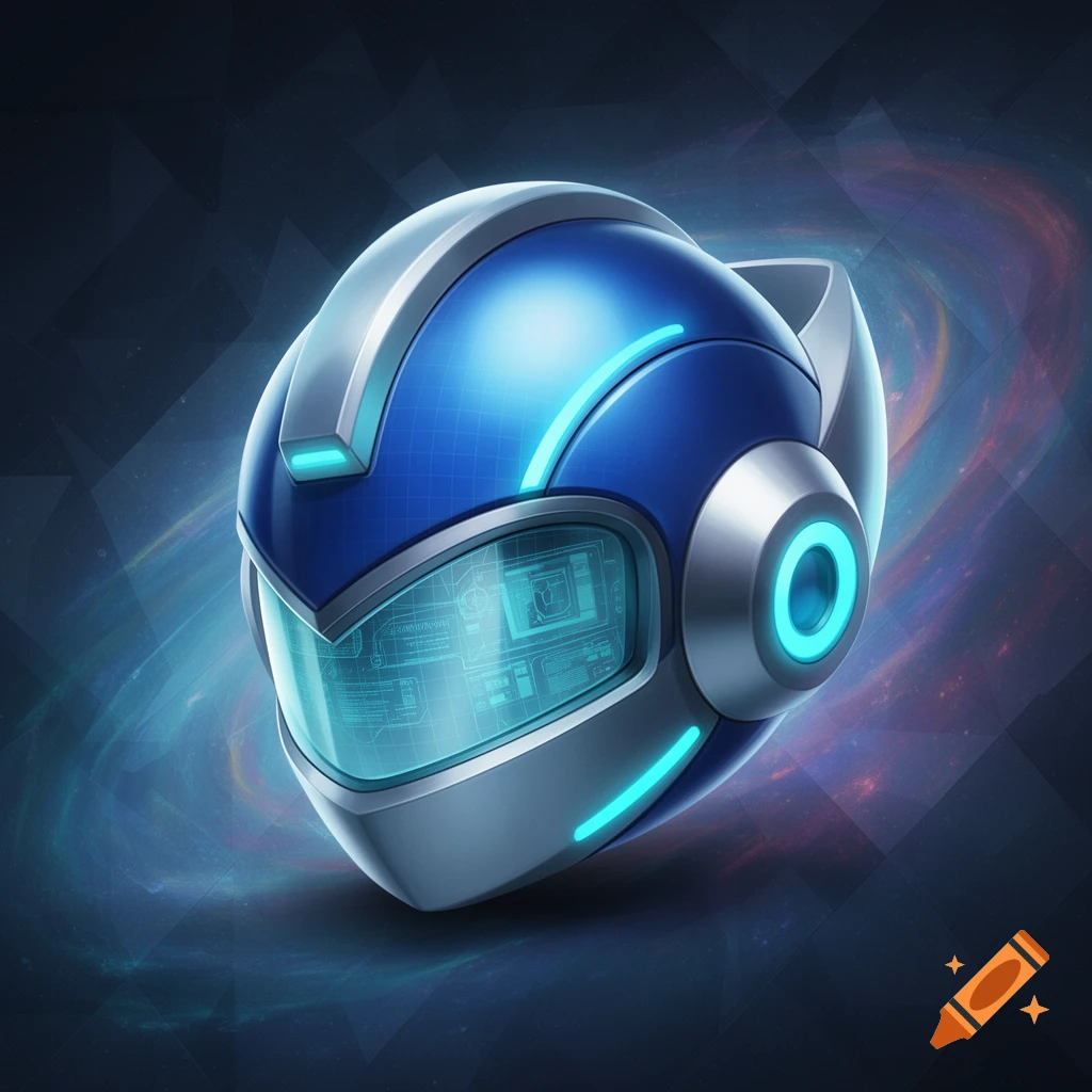 Sleek blue and silver sci-fi helmet with glowing cyan details, resembling Mega Man, on a dark cosmic background.