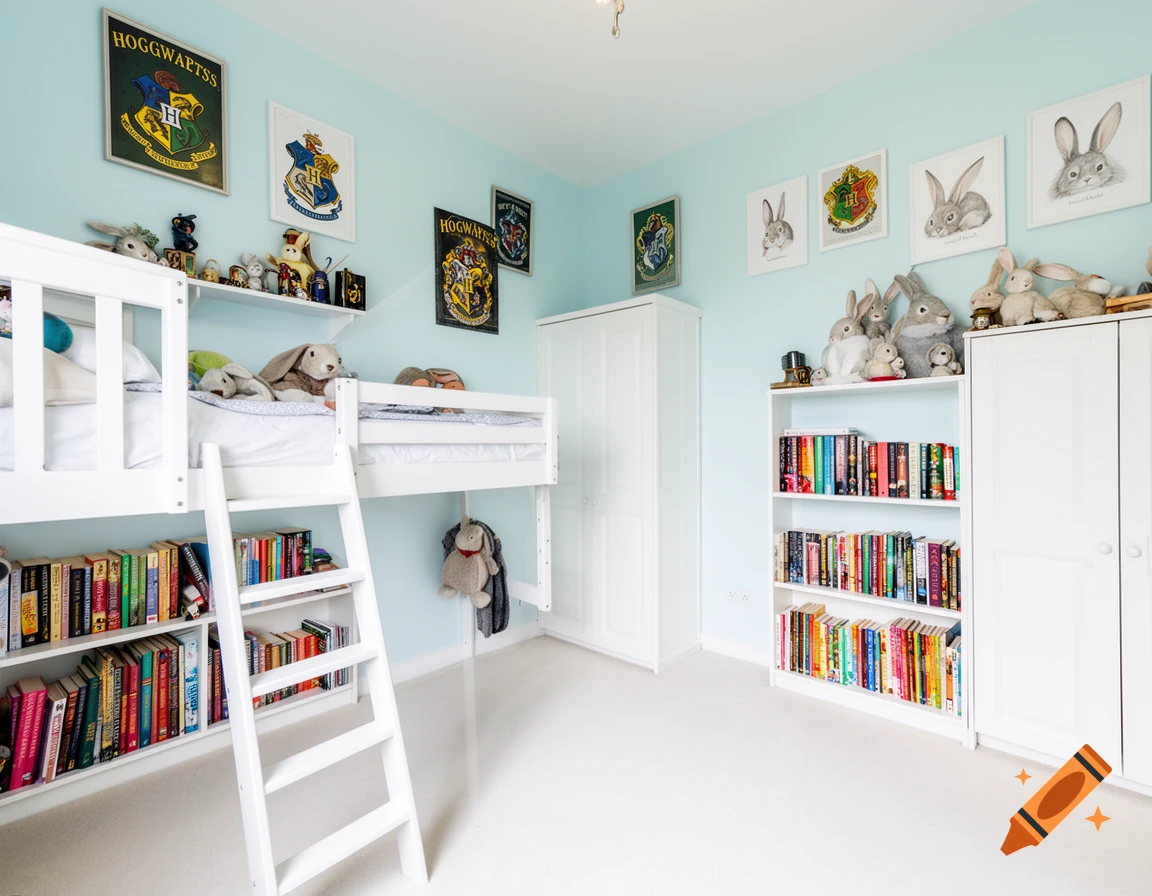 A child's bedroom with light blue walls, a white bunk bed, white closets, bookshelves, Harry Potter posters, and bunny decor.