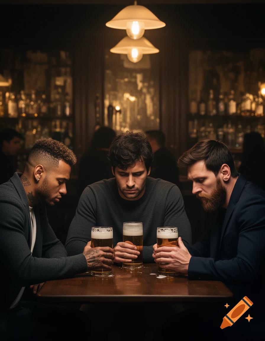 Three men resembling famous soccer players, Neymar, Messi, and another, sit at a wooden table in a dimly lit bar, looking down at their glasses of beer.