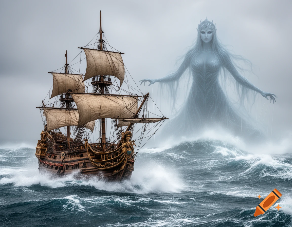 An ornate Spanish galleon battles stormy waves as a colossal, ethereal blue goddess looms above, controlling it with strings.