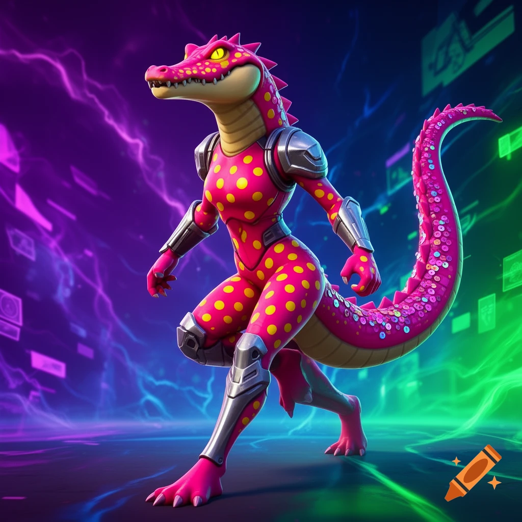 A pink anthropomorphic crocodile with yellow polka dots and silver armor stands dynamically against a neon digital background.