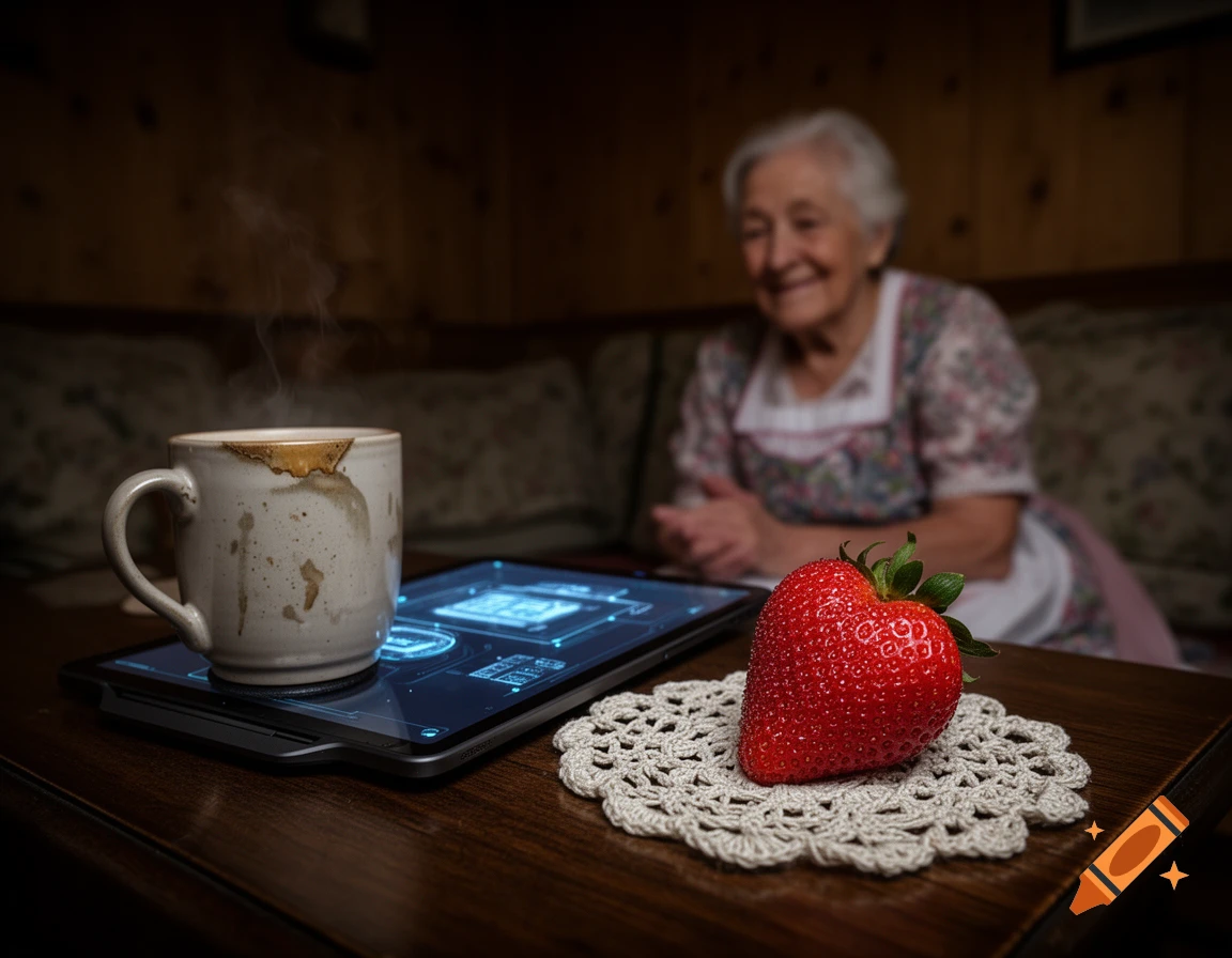 A steaming, stained coffee mug on a glowing holographic tablet, a heart-shaped strawberry on a doily, and a smiling elderly woman in a blurred background.