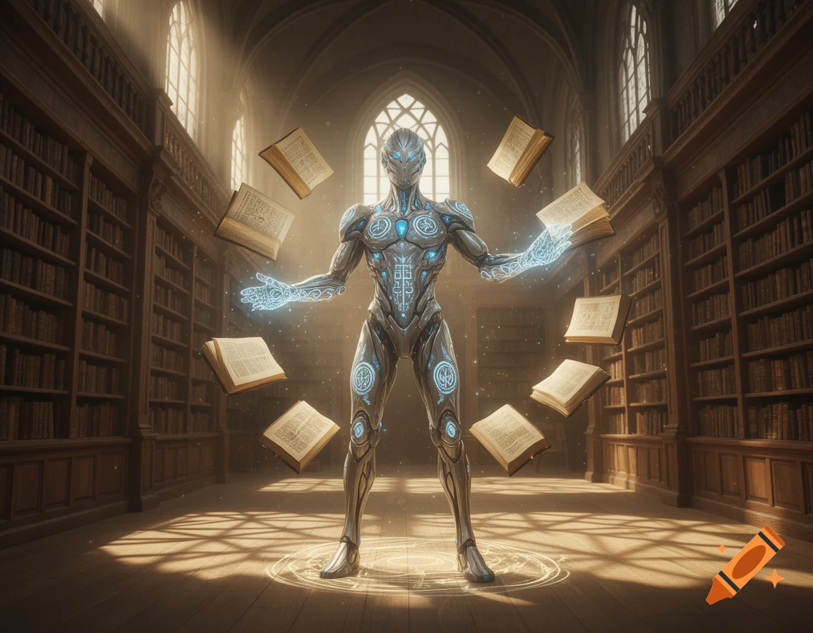 A futuristic robot with glowing blue patterns manipulates floating books with magic in a grand, sunlit library.
