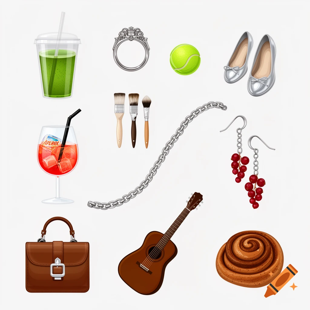 A collection of various illustrated objects including a green drink, a ring, a tennis ball, silver shoes, paint brushes, a red cocktail, a chain, red currant earrings, a brown handbag, a guitar, and a cinnamon roll.