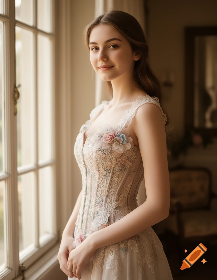 A young woman in a delicate, floral embroidered corset dress stands smiling by a sunlit window.