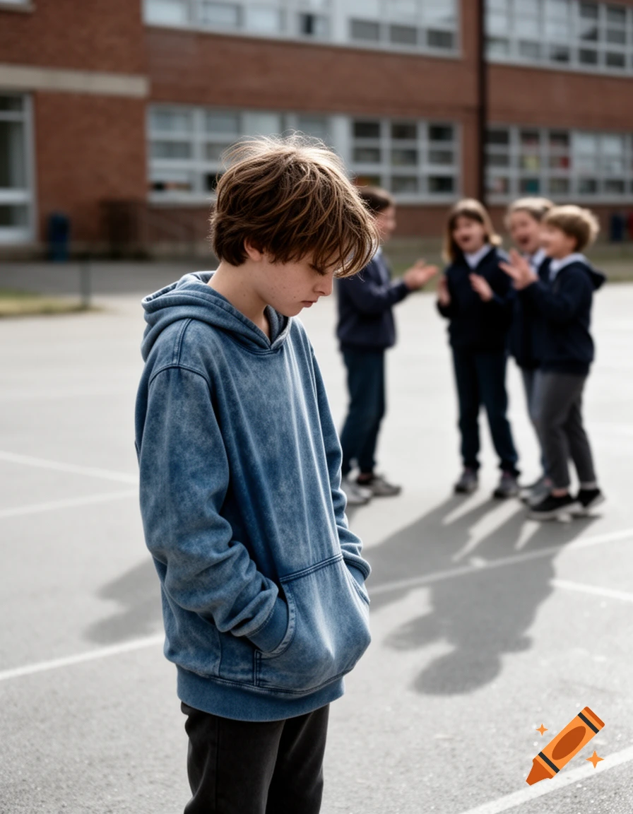 A sad boy stands alone in a schoolyard, head down, as other children laugh in the background, suggesting bullying. Photorealistic.