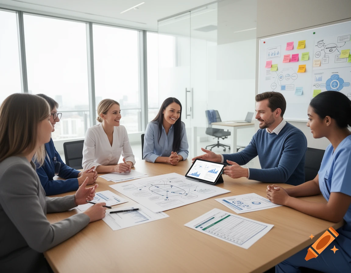 Diverse business professionals discuss during a meeting in a modern office with a whiteboard and documents.