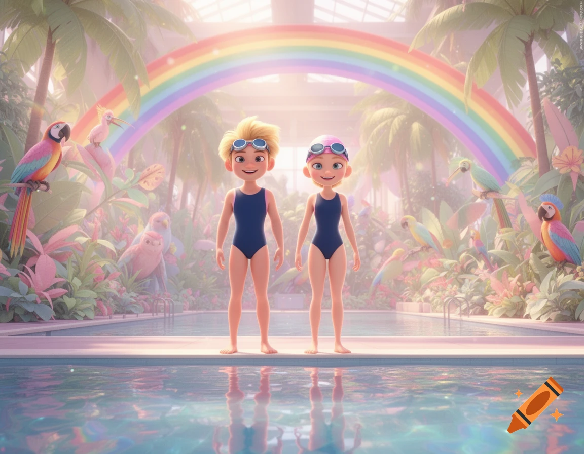 Animated boy and girl in swimsuits and goggles stand by a pastel-colored indoor pool with tropical plants, birds, and a rainbow overhead.