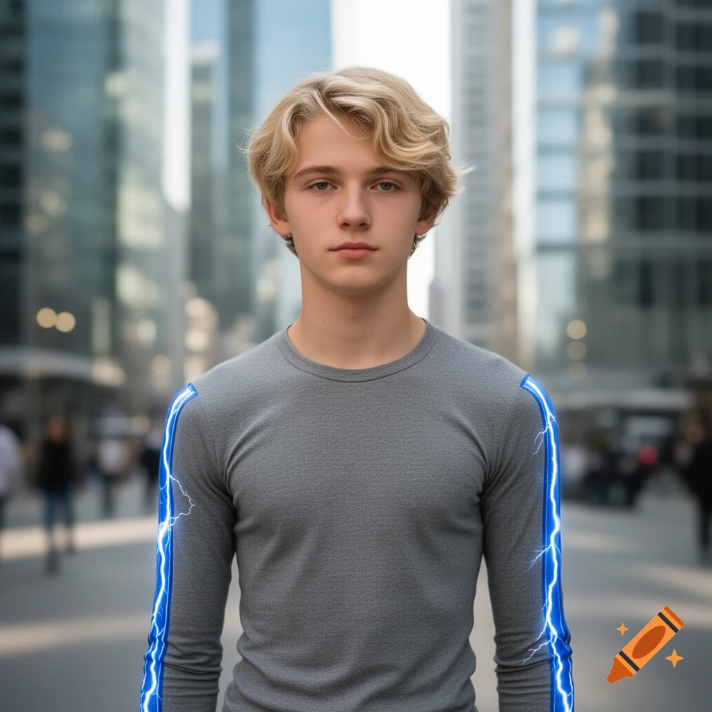 Blonde boy in a grey long-sleeve top with blue lightning stripes on sleeves, standing on a city street.