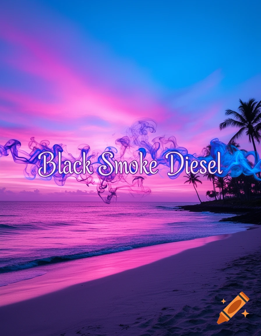 Neon pink and purple sunset over a tropical beach with palm trees. The words 'Black Smoke Diesel' are stylized in blue and purple smoke.