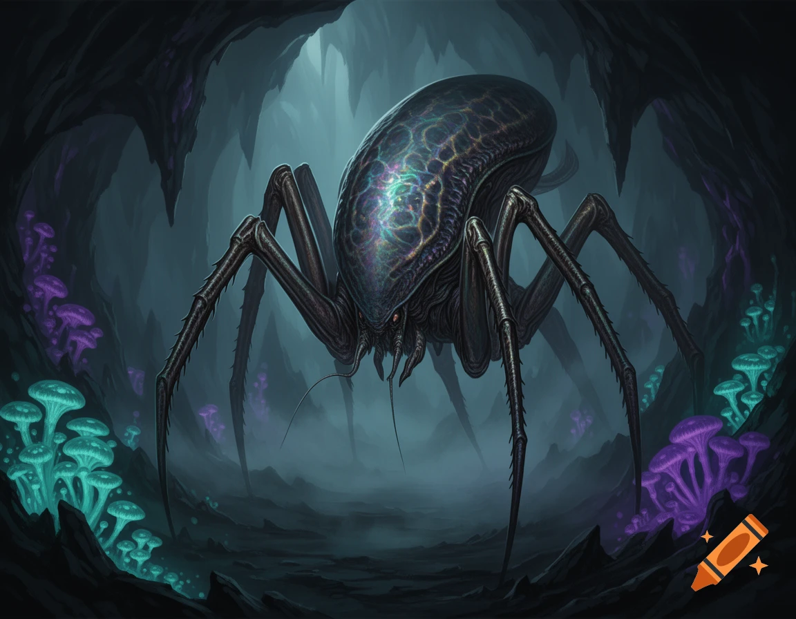 A large, dark alien spider-like monster with an iridescent segmented body in a mystical cave with glowing teal and purple mushrooms.