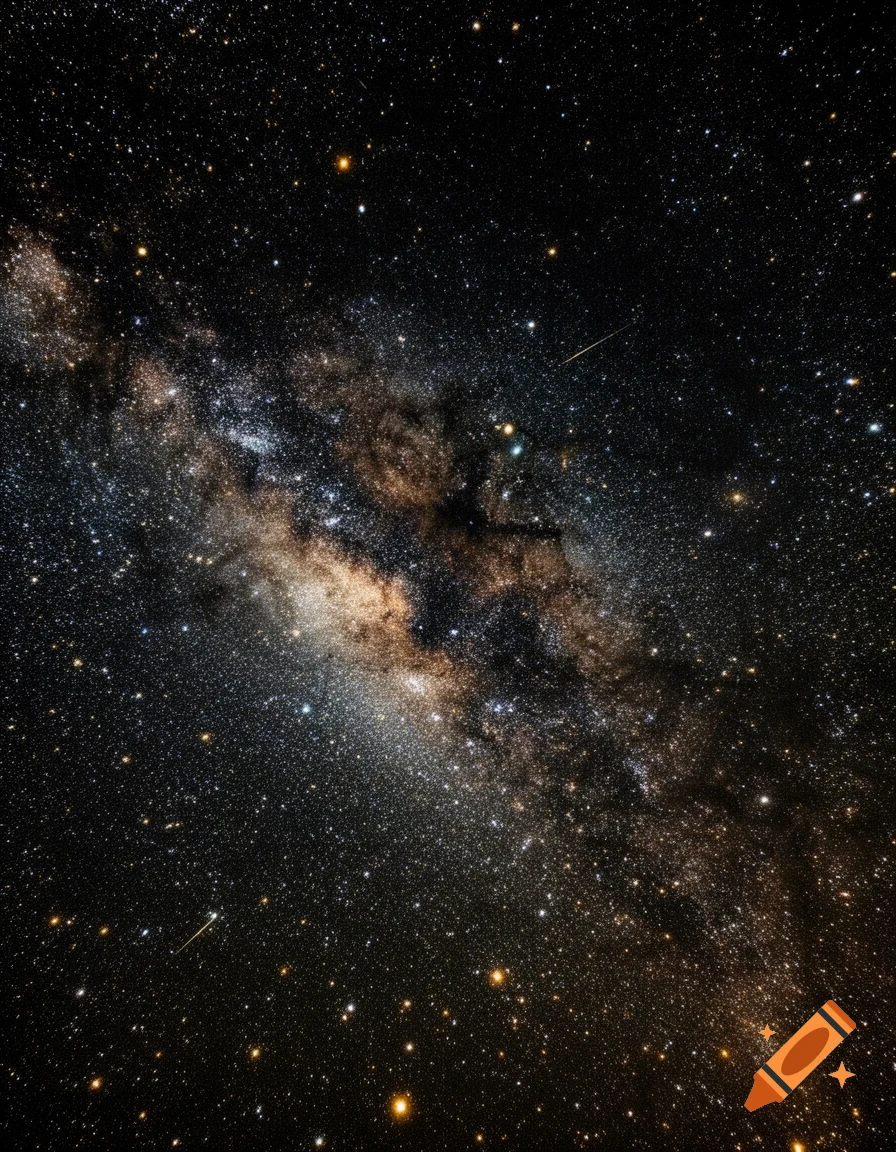A breathtaking photorealistic view of the Milky Way galaxy against a dark night sky filled with countless stars and faint meteors.