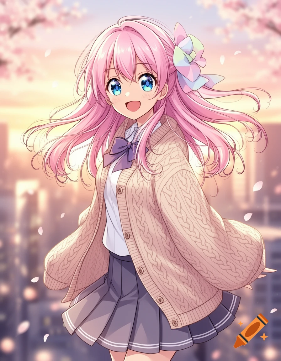 Anime girl with pink hair, blue eyes, and a beige cardigan smiling amidst falling cherry blossoms with a city background.