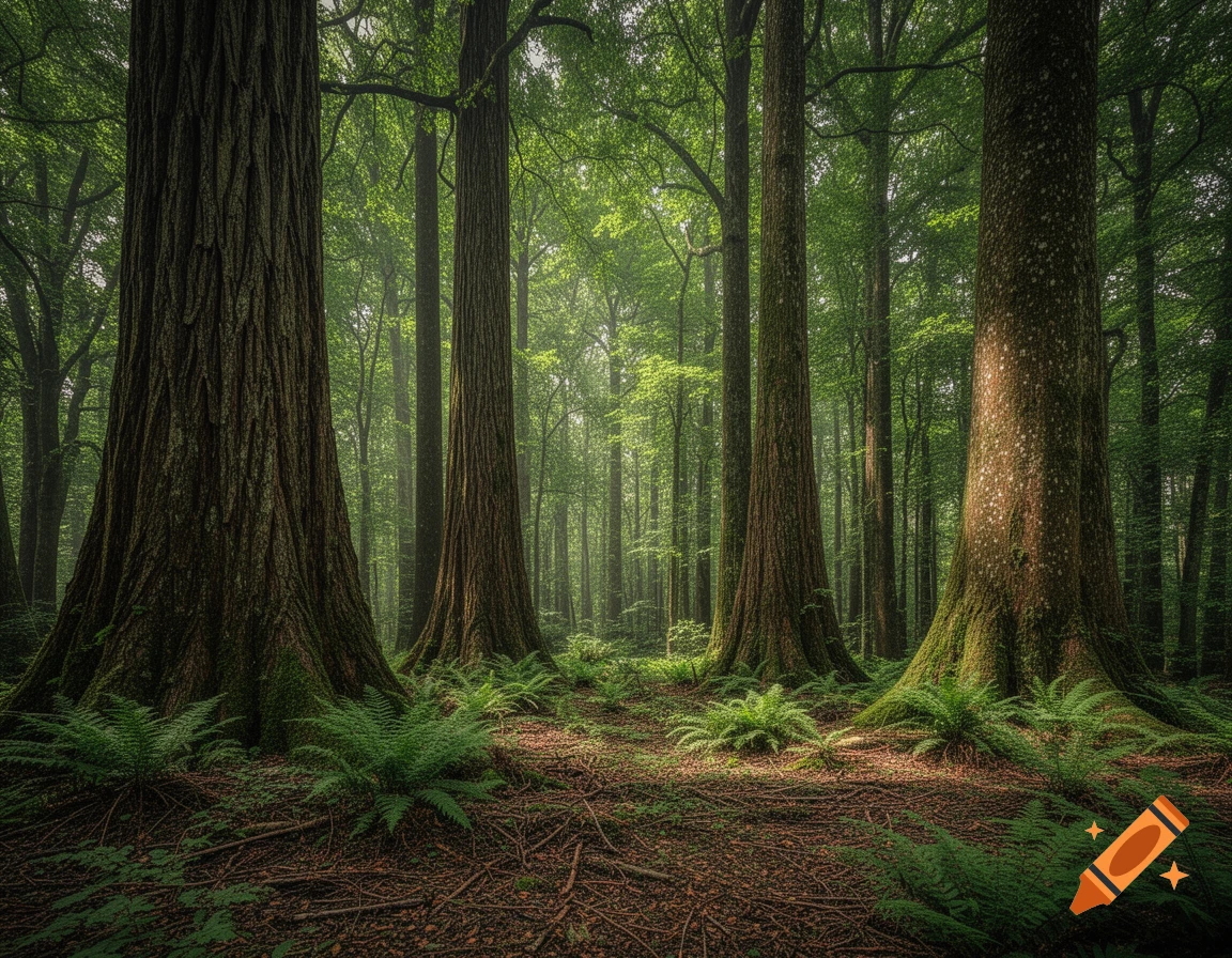 Lush, dense forest with towering trees, green ferns on the forest floor, and sunbeams filtering through the canopy.
