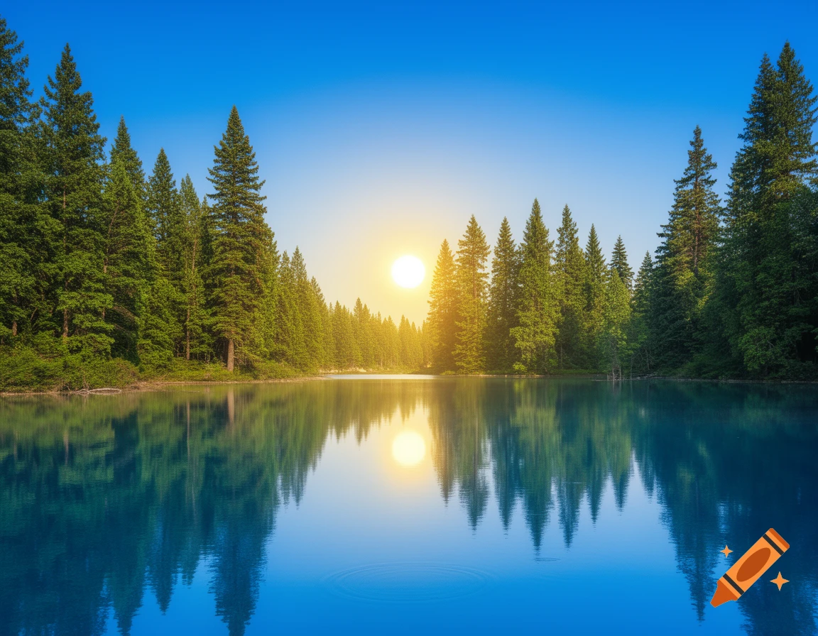 Photorealistic landscape of a calm blue lake reflecting a golden sun and tall green pine trees under a clear blue sky.