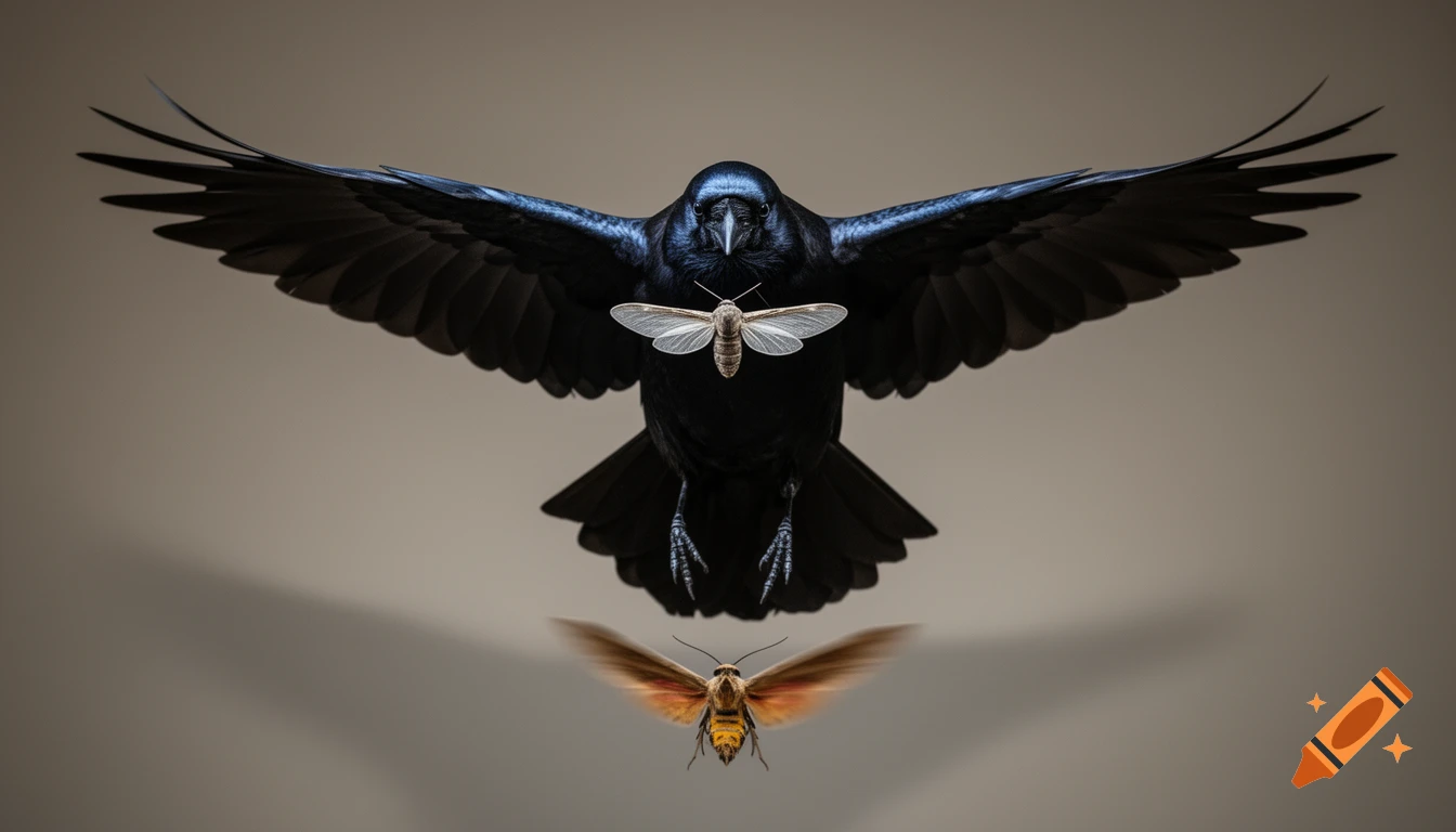 Hyper-realistic illustration of a black crow with spread wings, a white moth in front, and a brown moth below, on a neutral background.