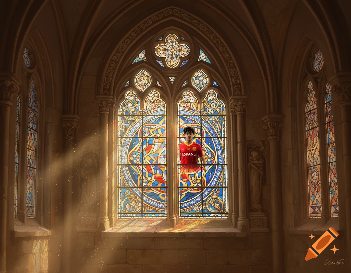 A young man in a red and yellow jersey stands before a large, ornate stained glass window in a grand, sunlit cathedral, in a digital painting style.