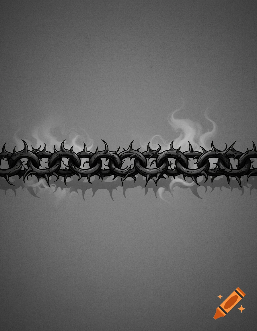 A grayscale horror cartoon illustration of a thorny chain with shadowy smoke.