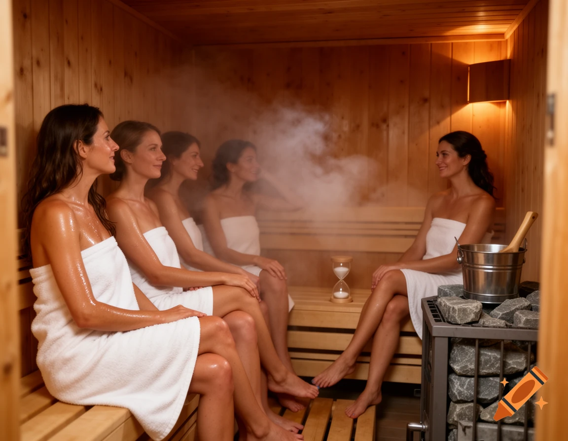 Five women wearing white towels relax on wooden benches in a steamy sauna, with an hourglass and heater visible.