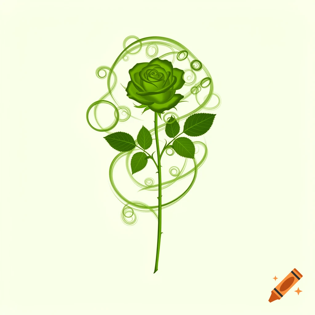 A vibrant green rose illustration with swirling decorative lines on a light background.