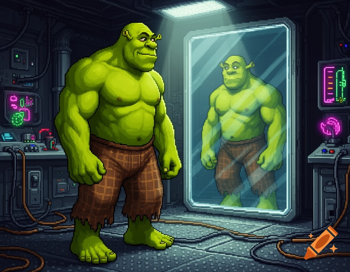 Muscular, shirtless Shrek-Hulk in a pixel art lab, looking at his reflection in a mirror.