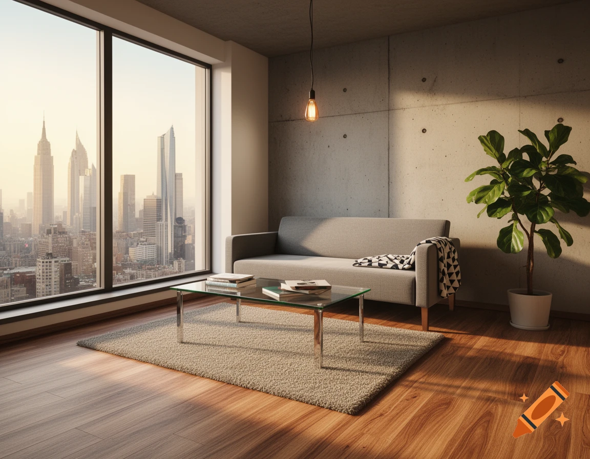 A modern room with a gray sofa, glass coffee table, and a large window overlooking a city skyline at sunset.