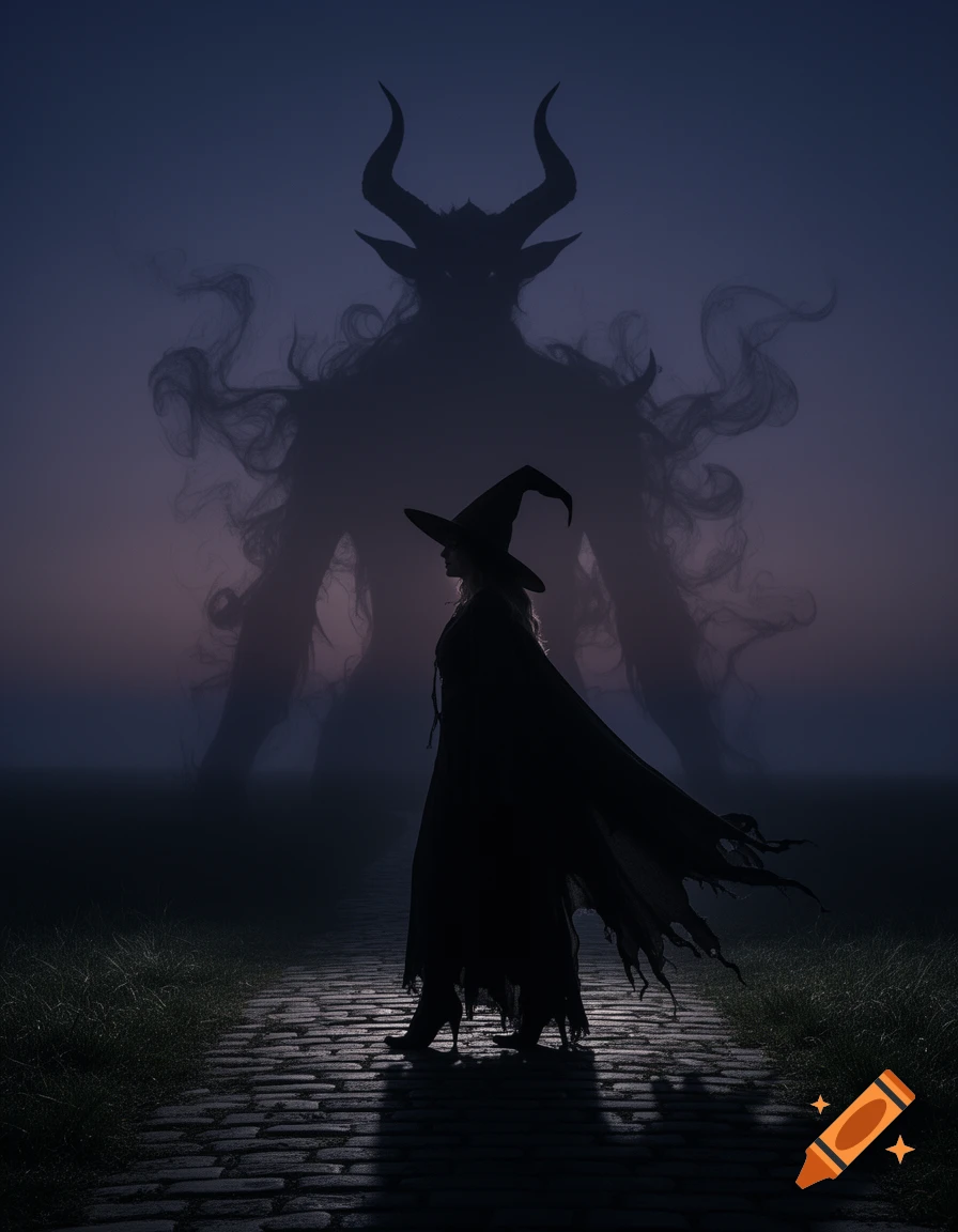 A witch in silhouette walks on a cobblestone path under a dark, misty sky, with a large, horned shadow demon looming behind her.