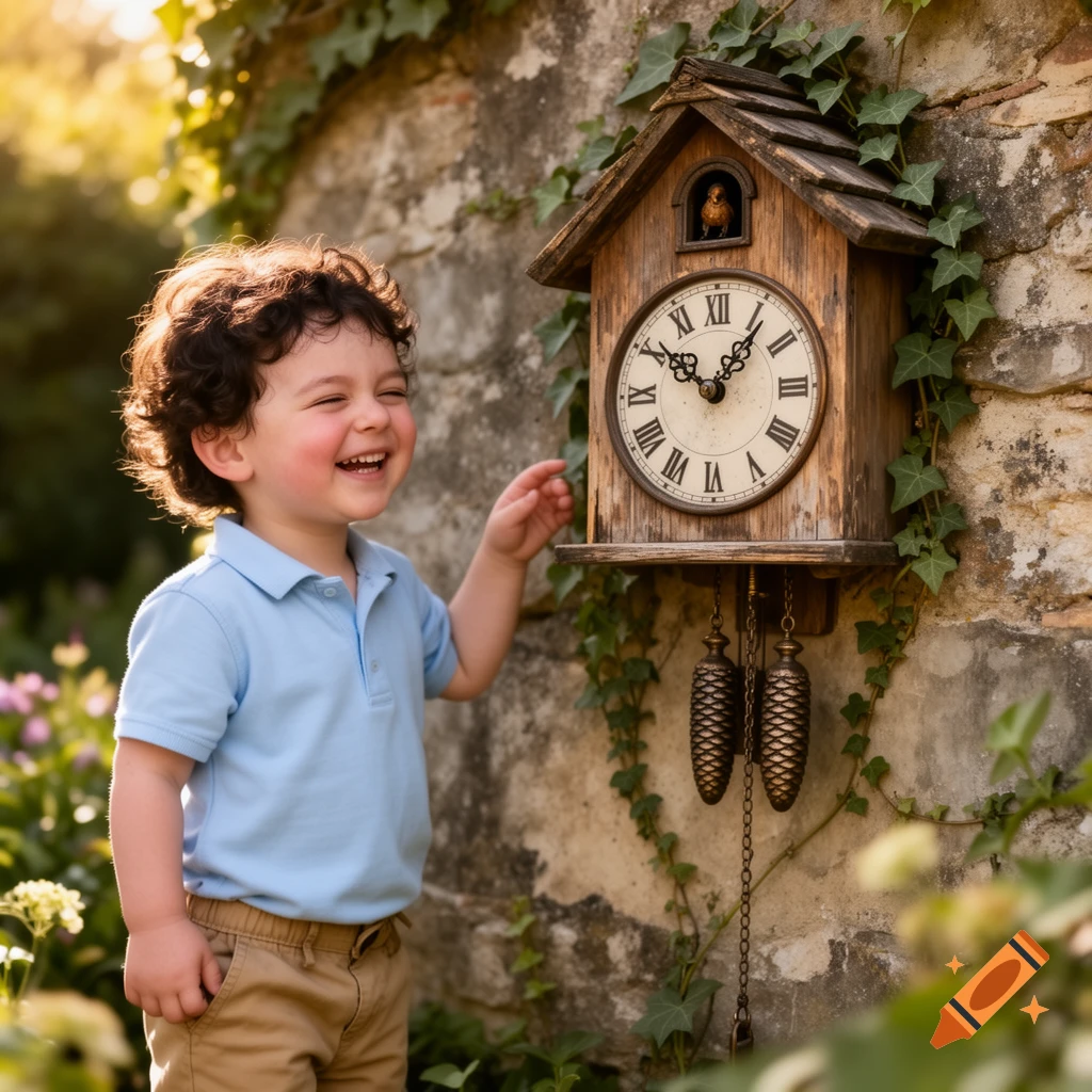 A smiling toddler in a blue polo shirt points at an antique wooden cuckoo clock on an ivy-covered stone wall in warm sunlight.