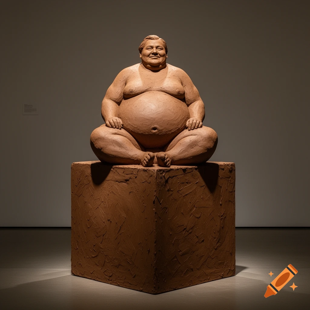 Stylized clay sculpture of an obese man sitting cross-legged on a large brown cube in a dimly lit art gallery.