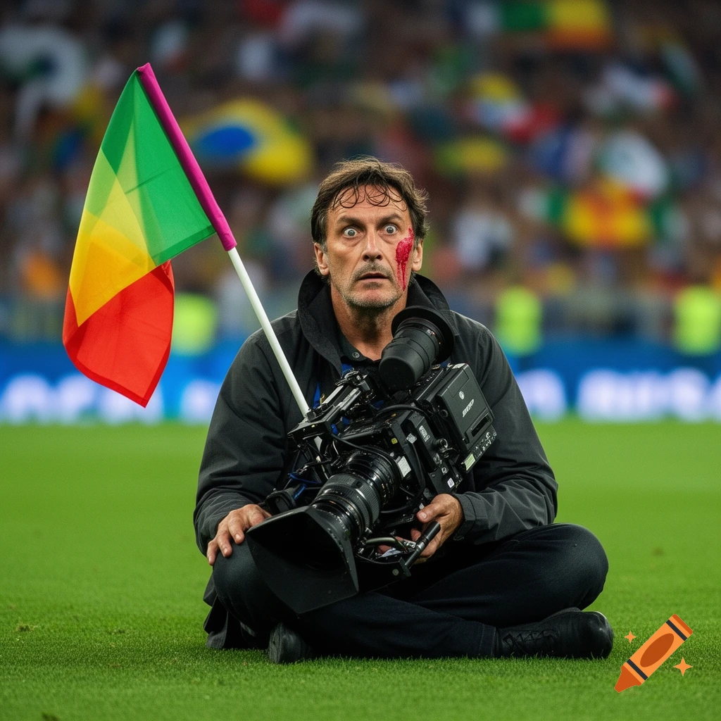 A photorealistic image of a cameraman sitting on a football field, holding a large camera, with a surprised expression and a red mark on his face, a corner flag beside him.