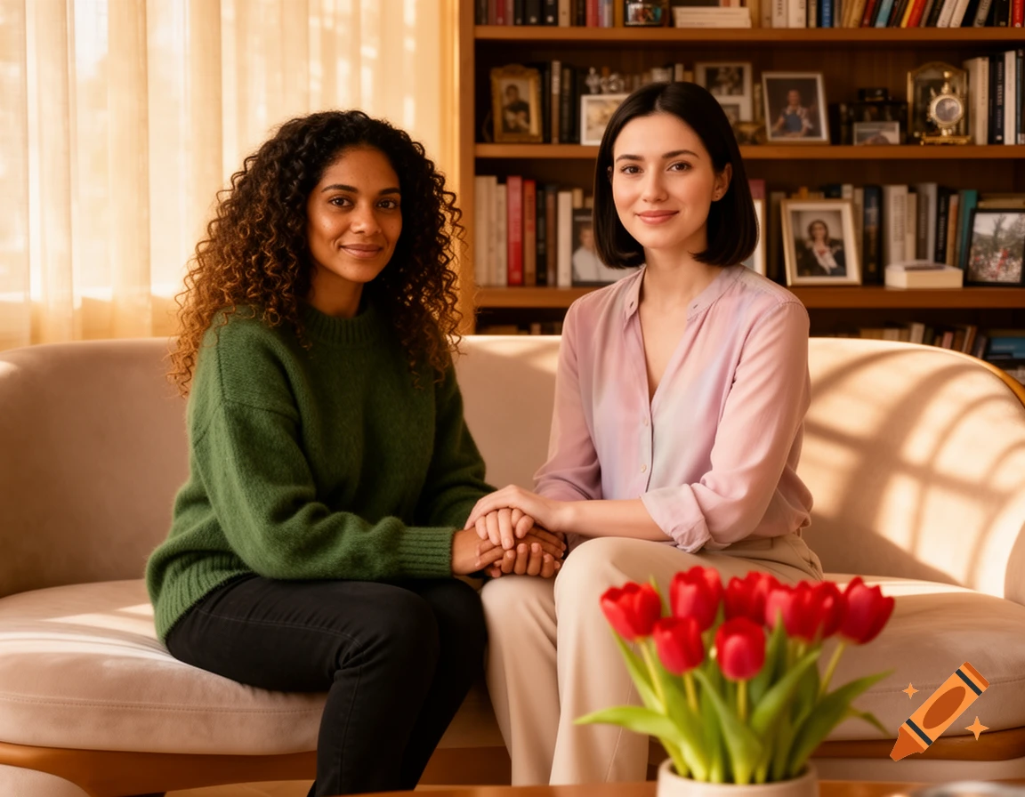 Two women, one with curly brown hair and a green sweater, the other with short dark hair and a pink shirt, sit on a couch holding hands, smiling. A bookshelf is behind them, and red tulips are in the foreground.