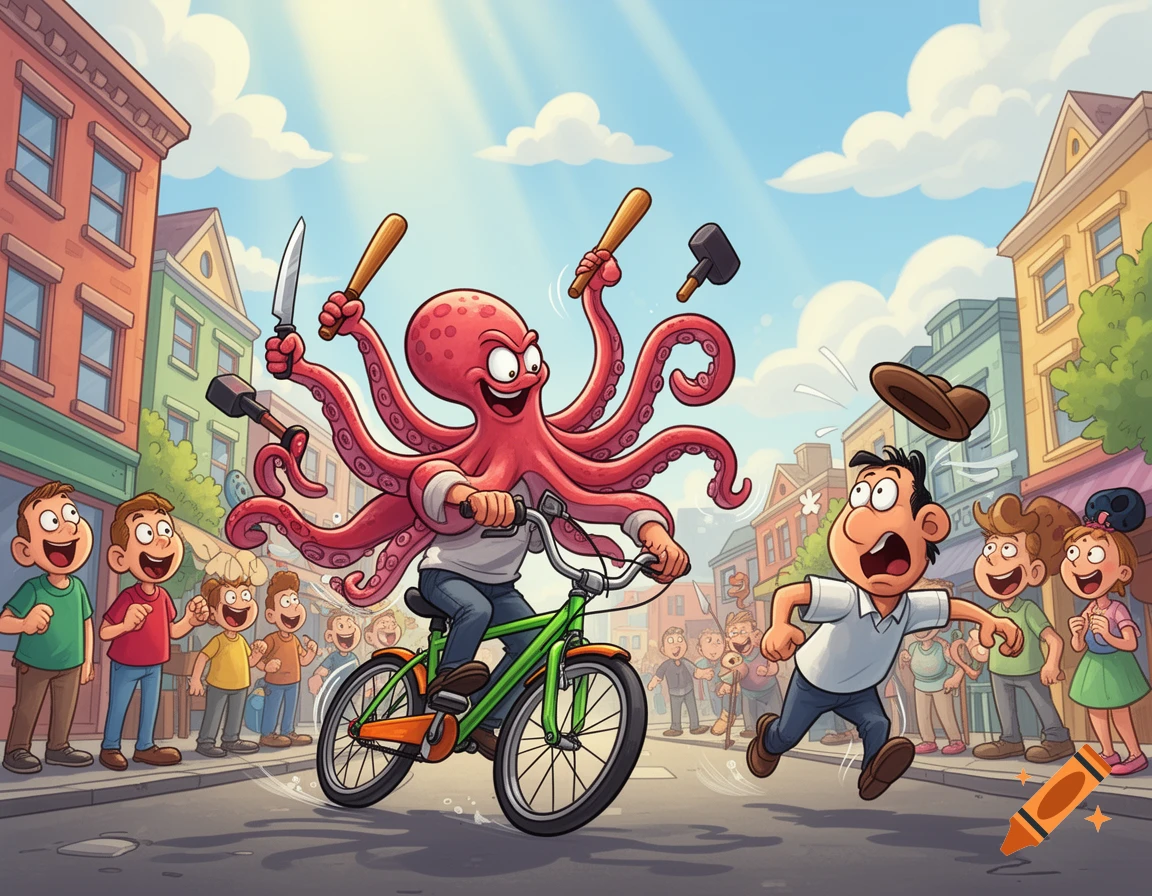 Humorous cartoon of a red octopus on a green bicycle, wielding a knife and bats, chasing a scared man down a city street.