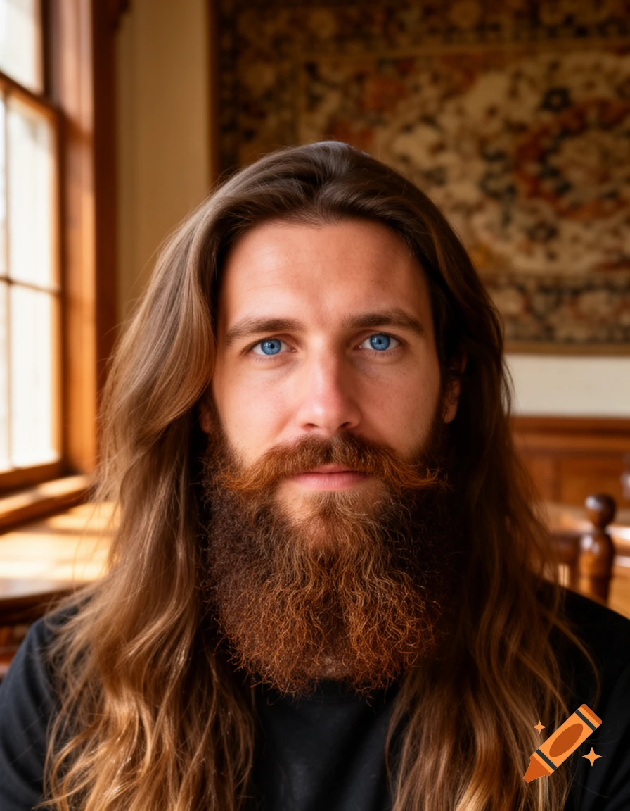Photorealistic portrait of a man with long brown hair, a full reddish-brown beard, and blue eyes, looking forward.