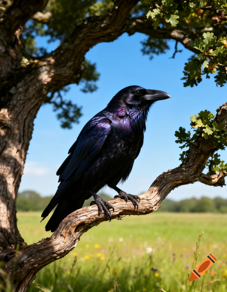 A photorealistic black raven with iridescent feathers perches on a gnarled tree branch against a bright blue sky and a green field with wildflowers.
