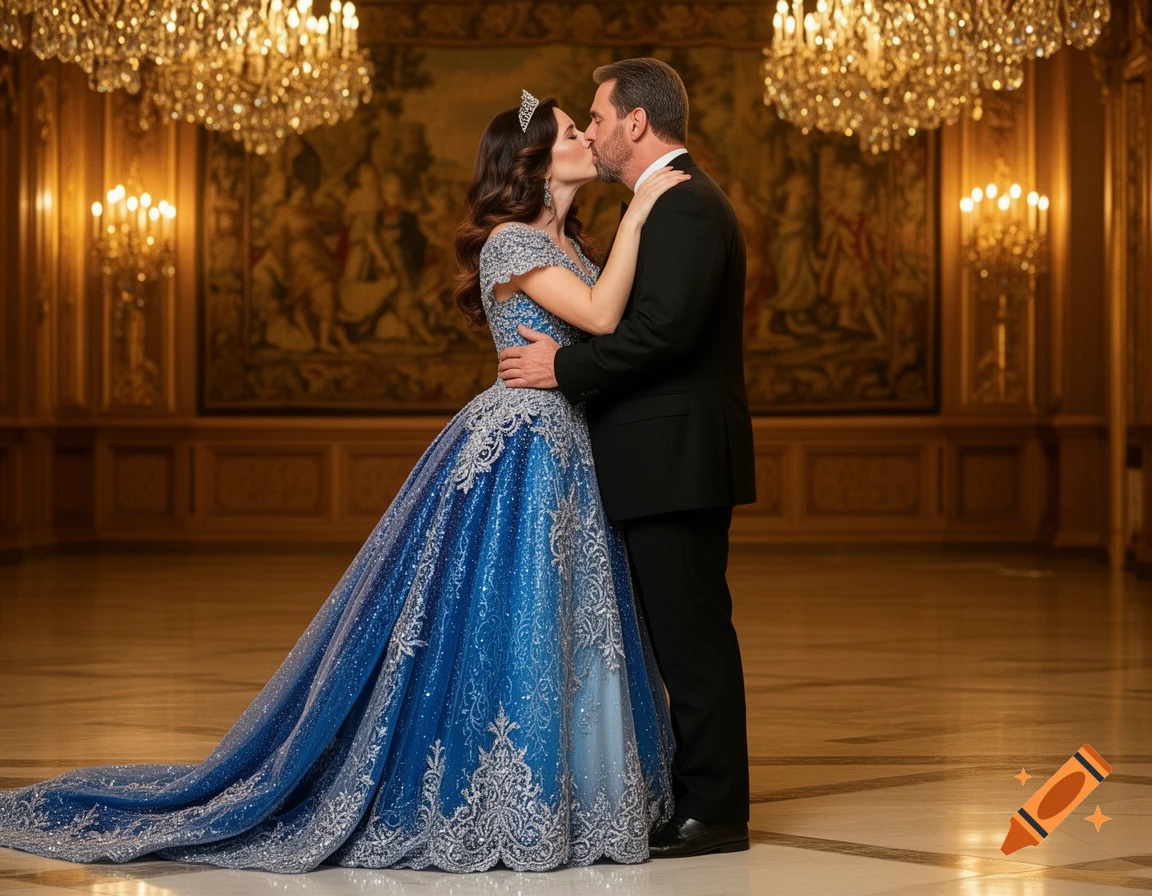 A man in a suit kisses a woman in an elaborate blue gown and tiara in a grand ballroom with chandeliers.