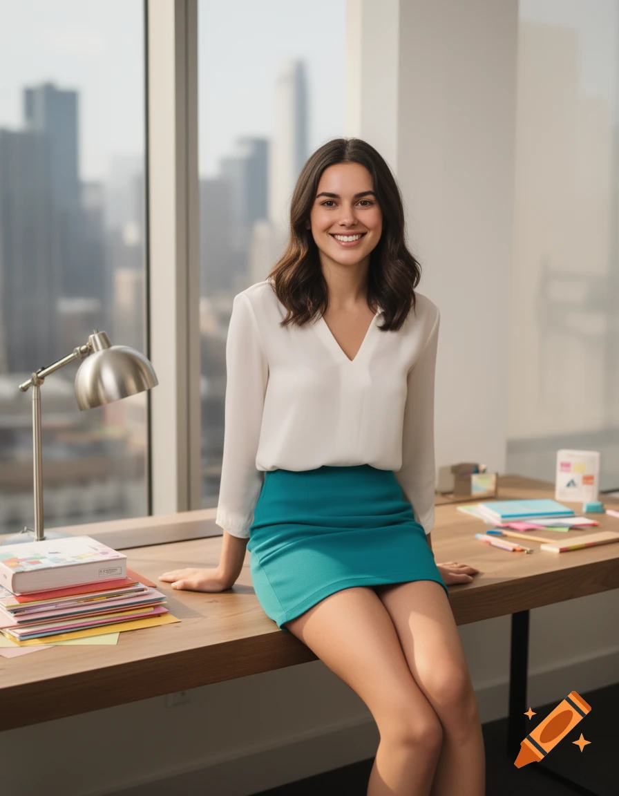 A smiling young woman in a white blouse and turquoise skirt sits on an office desk, looking at the viewer, with a city view in the background.