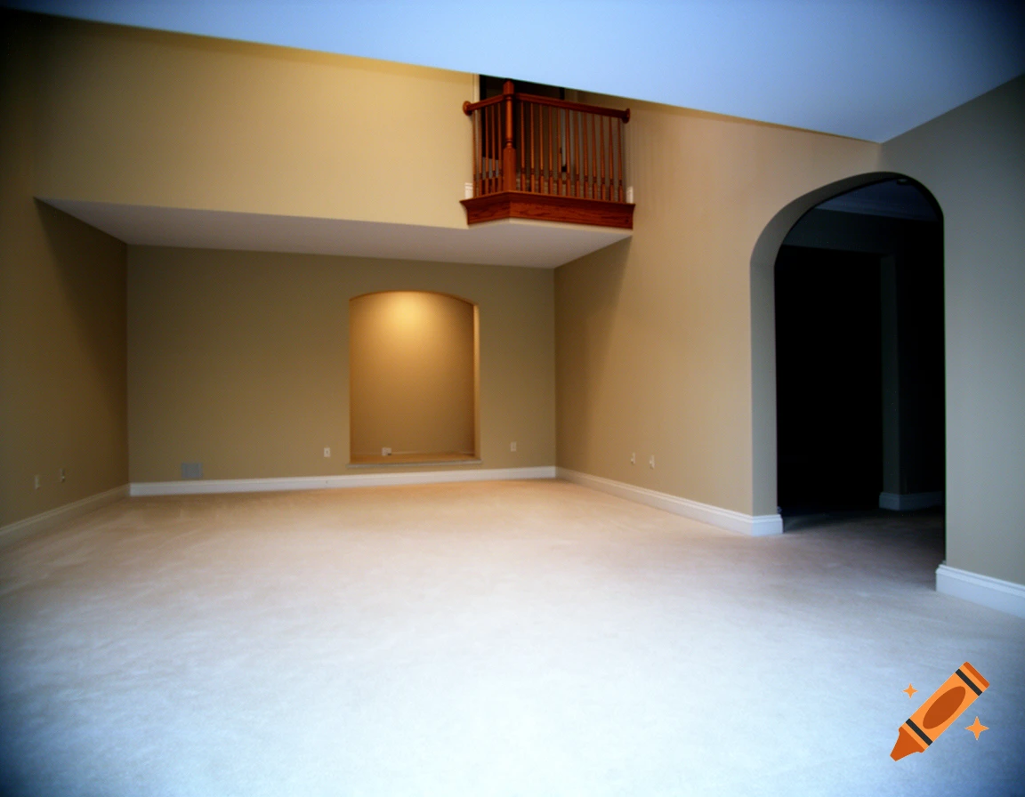 Empty beige-walled mcmansion basement with off-white carpet, recessed nook, small wooden balcony, and dark arched corridor.