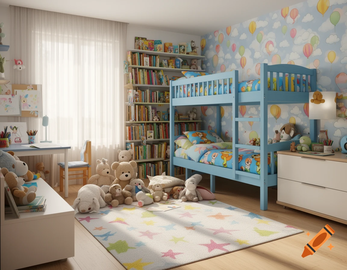 A brightly lit child's bedroom featuring a blue bunk bed, a desk, a large bookshelf, and many stuffed animal toys on the floor.